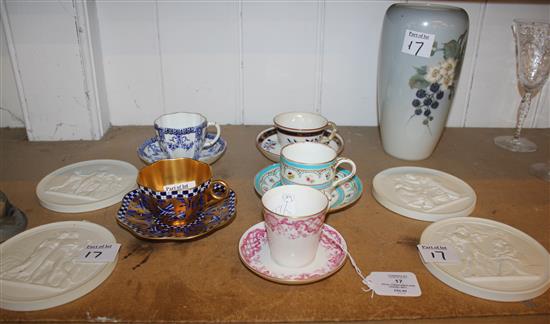 Royal Copenhagen vase, printed with blackberries, 4 Royal Crown Derby white plaques and a fox, and 5 decorative cups and saucers